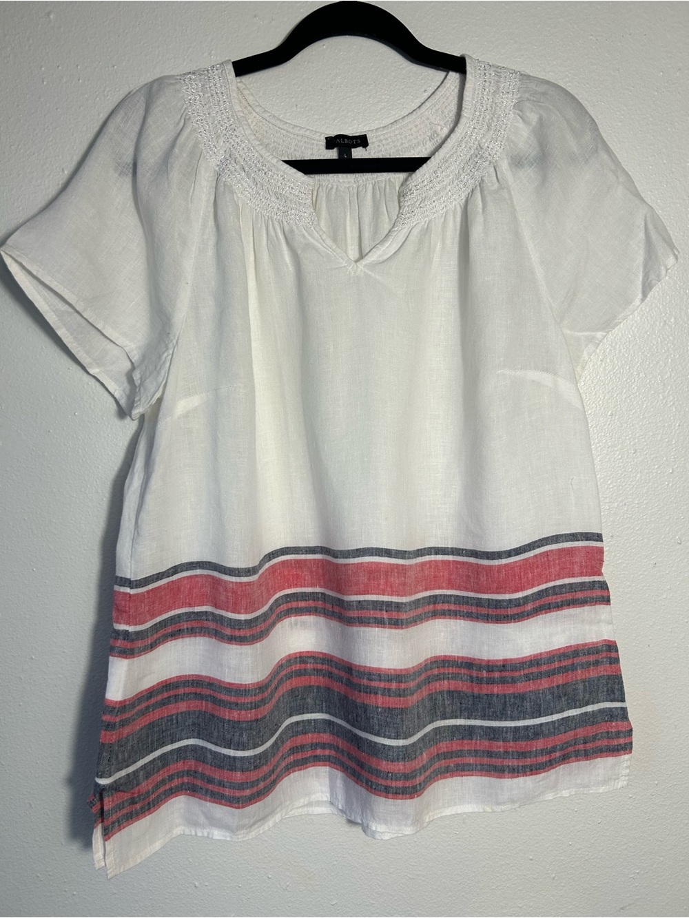 Talbots 100% Linen Blouse L Large White Red Blue Striped Border Smocked V-Neck - Picture 2 of 7